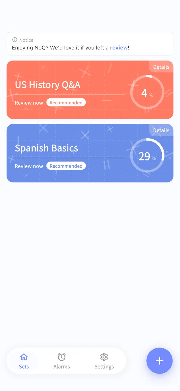 Home screen listing quiz sets marked “Review now”