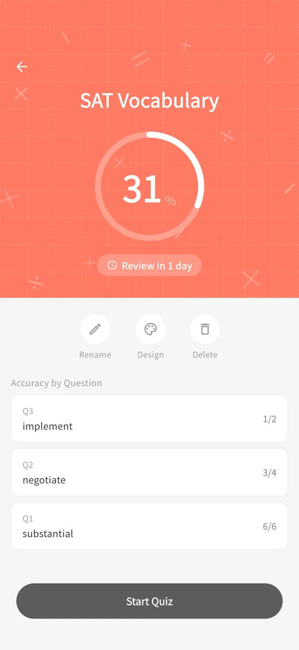 Quiz set screen showing mastery and the next review day